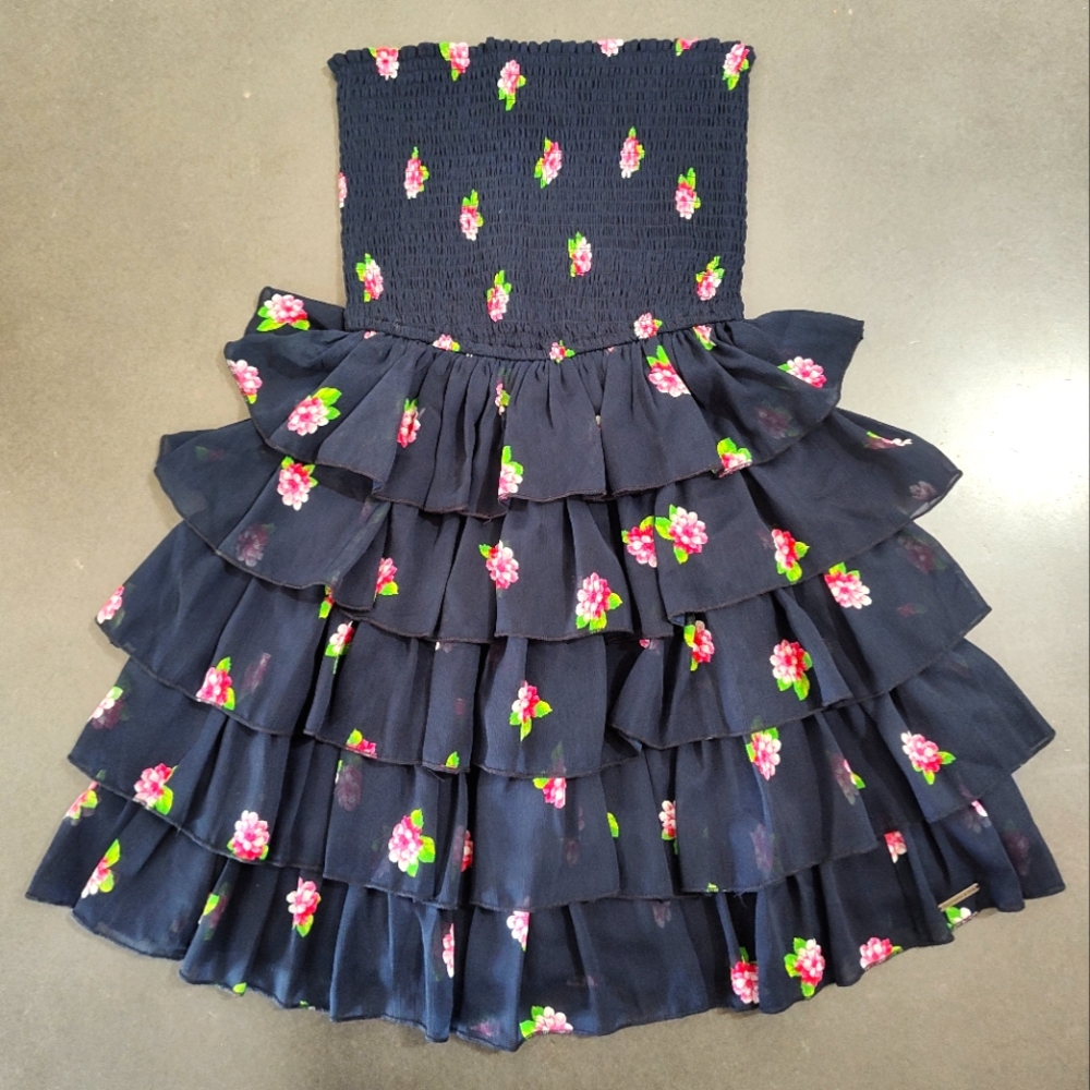 Abercrombie & Fitch Strapless Smocked and Ruffled Skirt Dress Navy Sz M